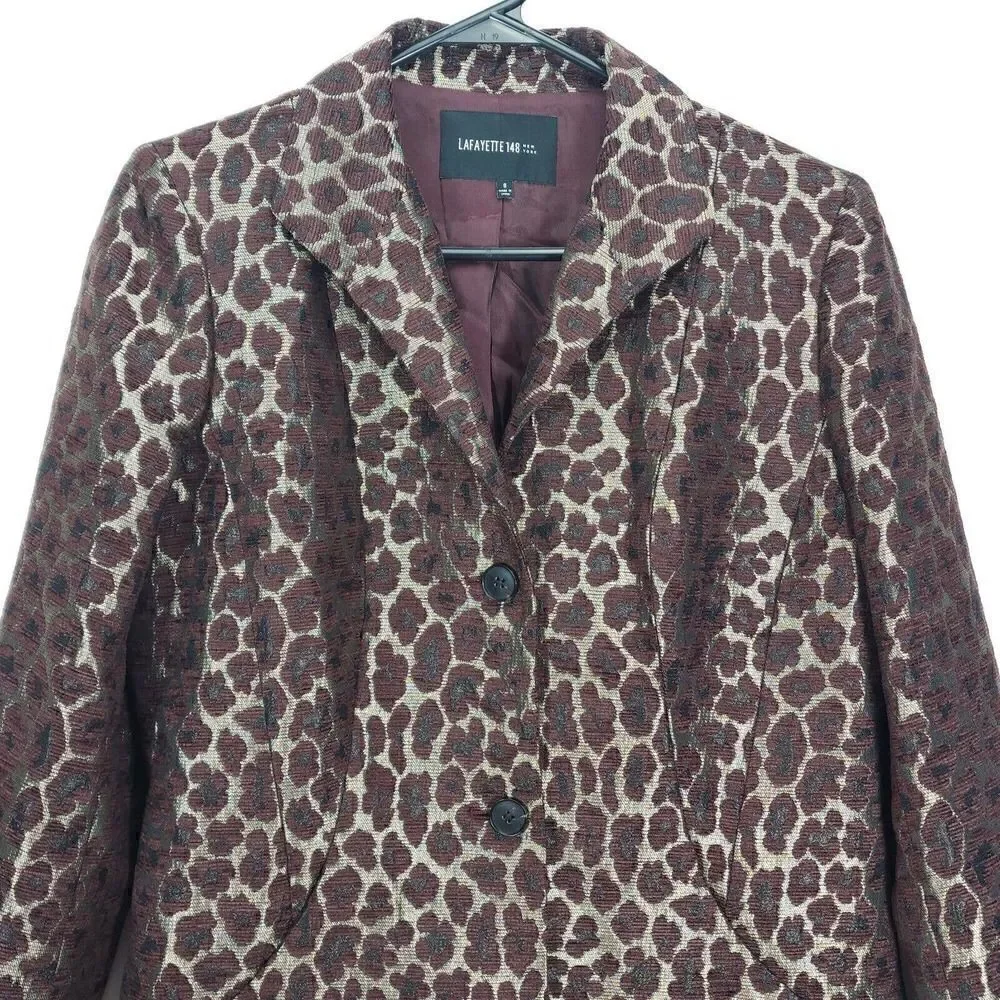 Lafayette 148 Women's Size 8 Raisin Multi Animal Leopard Button Blazer Jacket